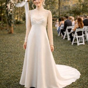 Vintage House of Bianchi Ivory Wedding Gown – Beaded Long Sleeve Empire Waist XS